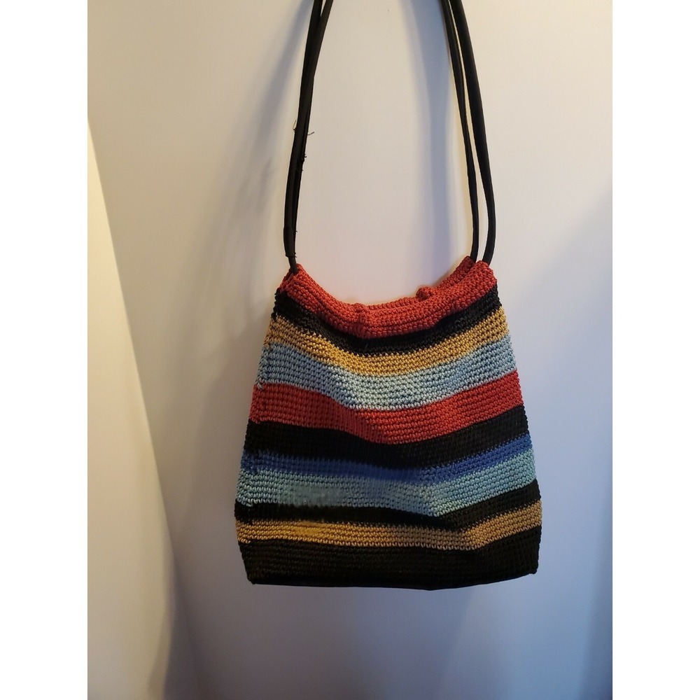 The Sak Crochet Hobo Shoulder Bag Multi-Color Striped Woven Knit Tote - Picture 2 of 3